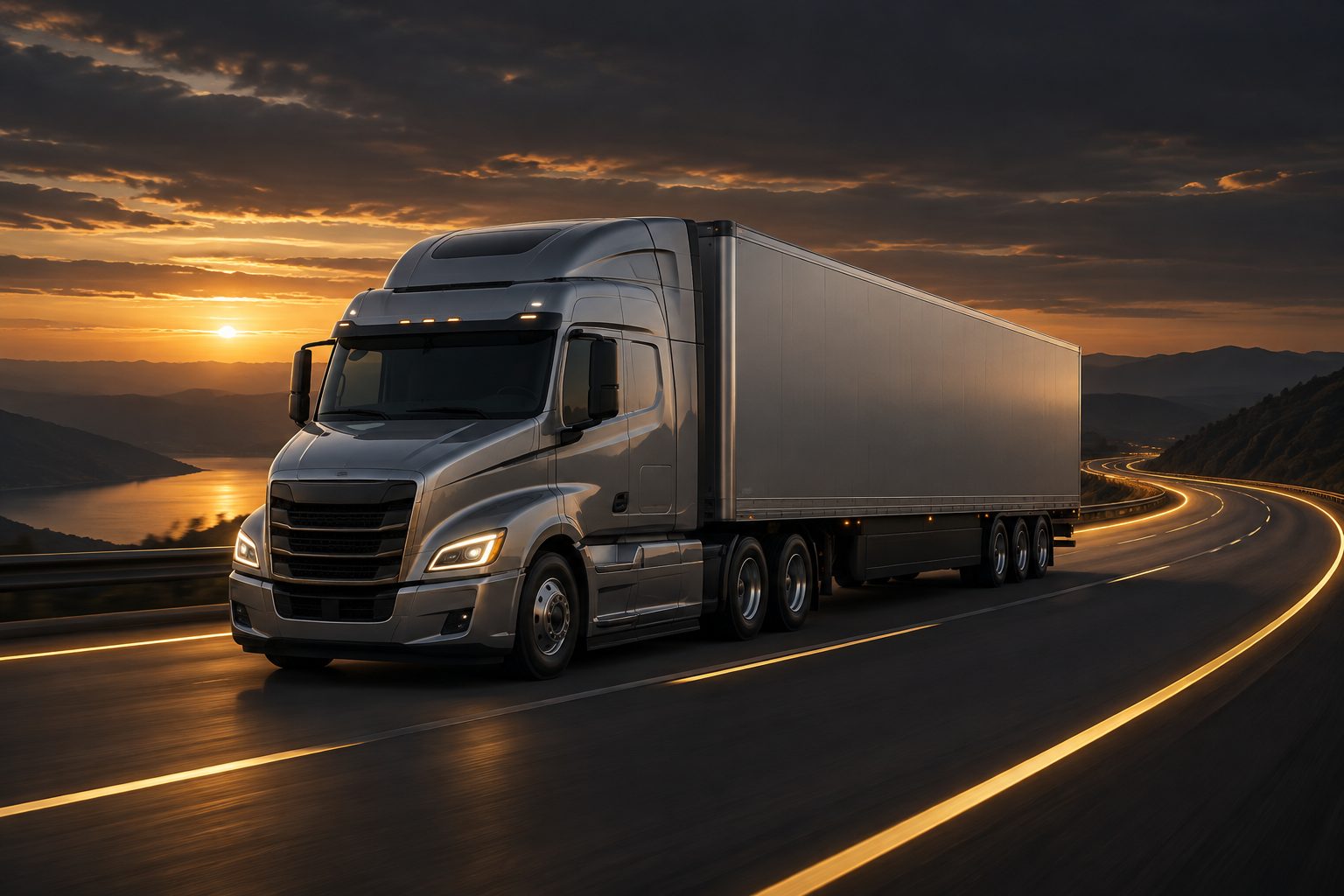 Illustration conceptuelle : un camion gris sur une route aux reflets dorés.