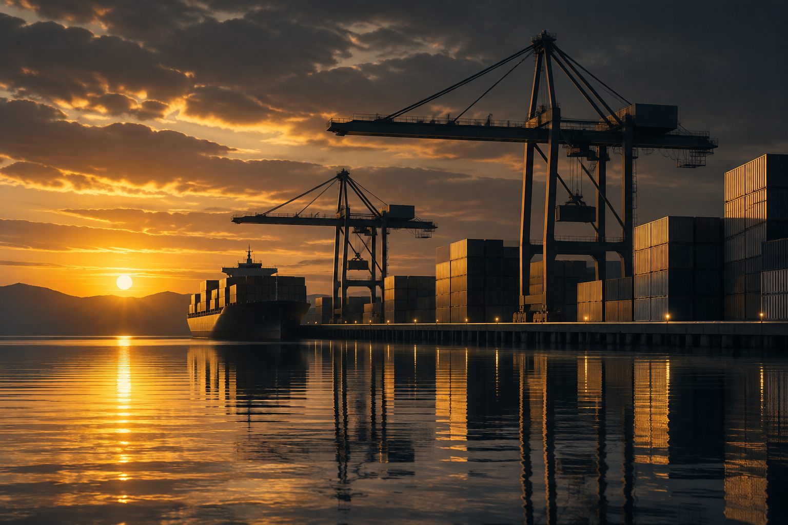 Illustration conceptuelle : conteneurs et silhouettes de grues dans un port imaginaire.