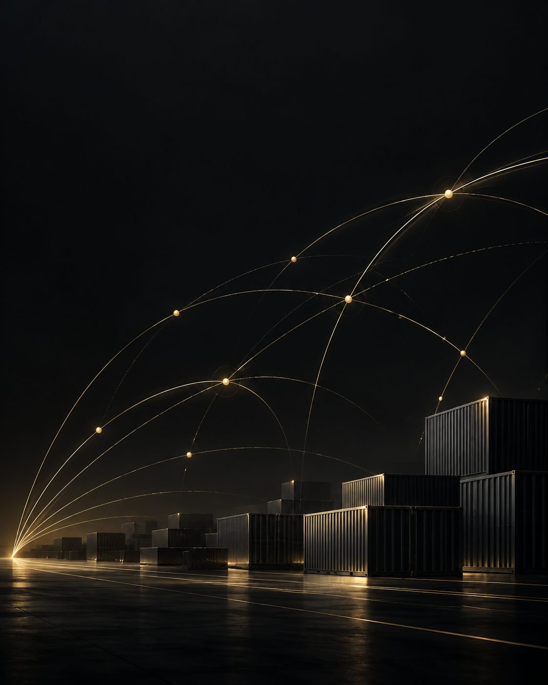 Illustration conceptuelle de lignes de liaison dorées et de formes inspirées de la logistique.
